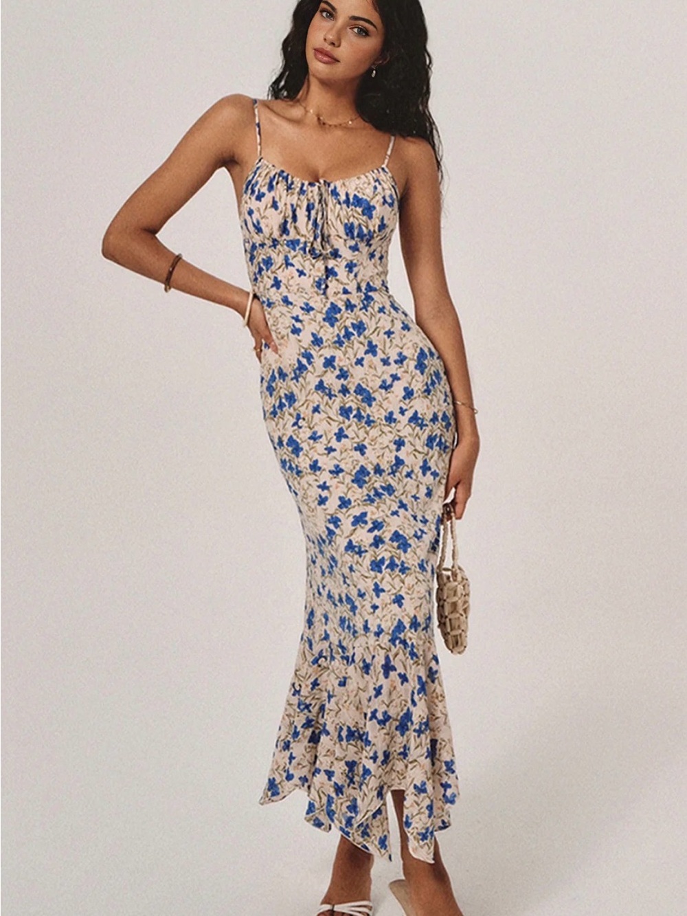 Commense Blue Floral Spaghetti-Strap Maxi Dress